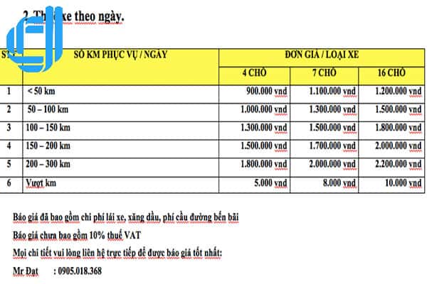 bảng giá cho thuê xe du lịch đà nẵng theo ngày