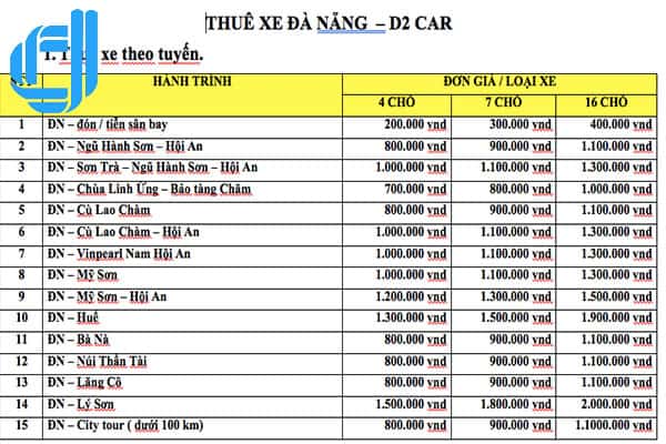 bảng giá cho thuê xe du lịch đà nẵng theo tuyến